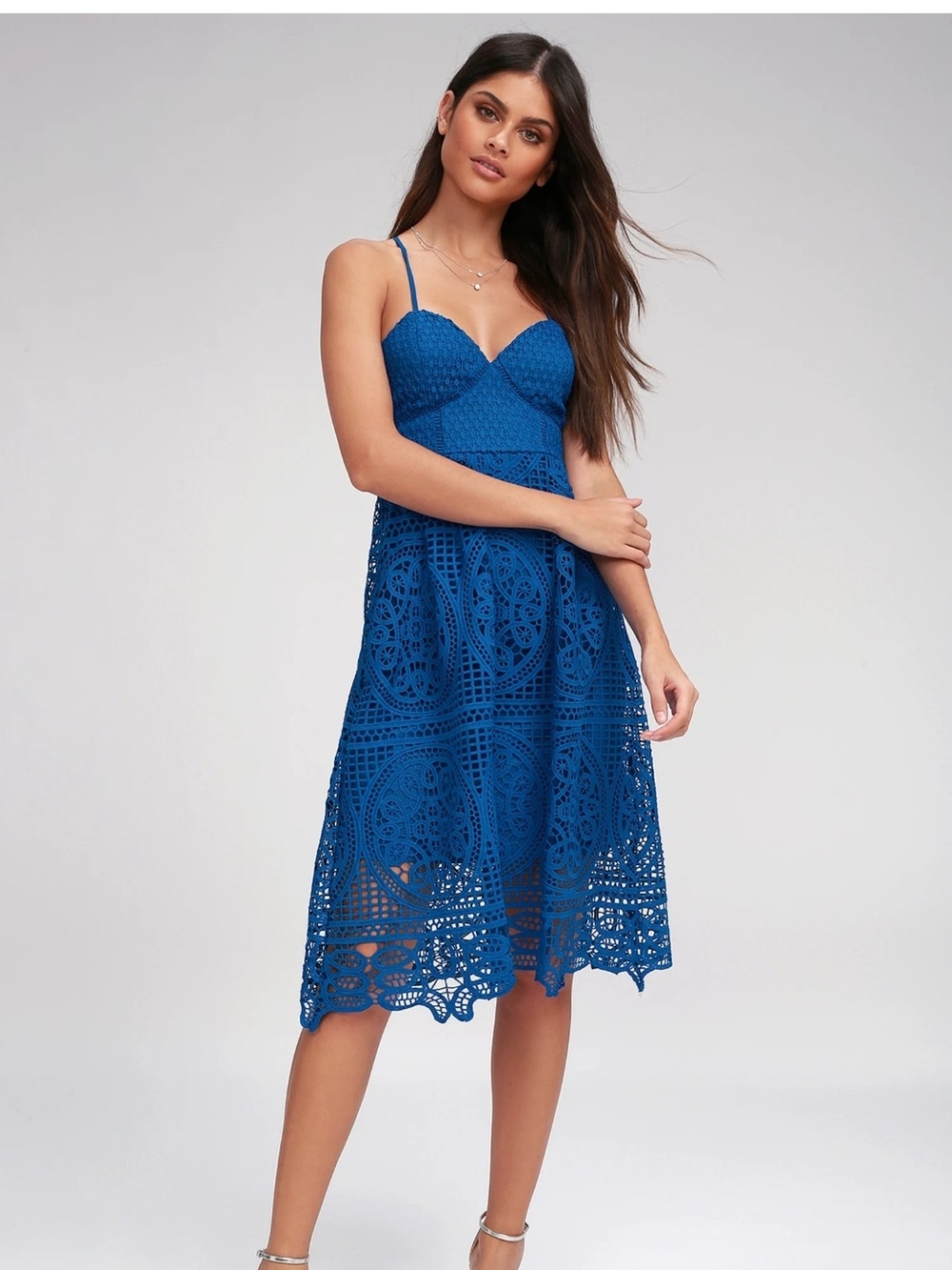 Lulu's Cobalt Blue Crochet Lace Midi Dress